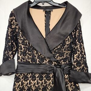 Tadashi like new black satin and lace statement blouse, Size 6